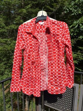 Charter Club coral Patterned Ruffle button up Front Blouse sz 8